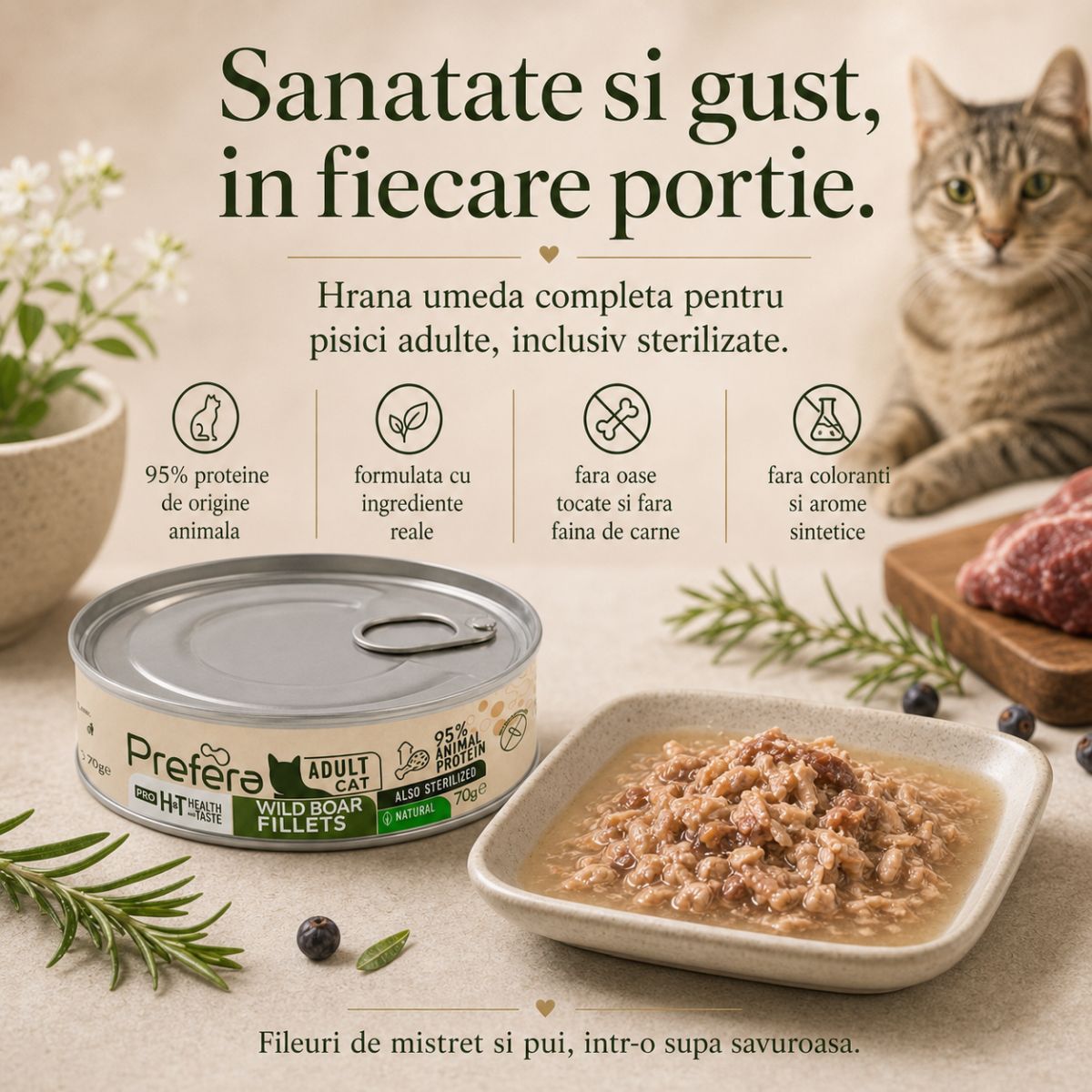 PREFERA Pro H&T Fillets, Mistreț, conservă hrană umedă fără cereale pisici, (în supă), 70g - imagine 3
